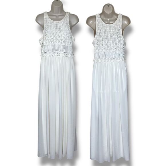Belle Badgley Mischka Crochet Lace Sleeveless Maxi Chiffon Ivory Dress 10 FLAWS - Picture 1 of 15